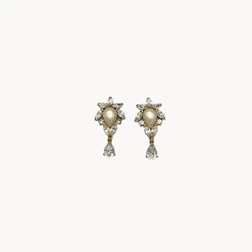 1990s Trifari faux pearl and crystal clip-on earrings in gold-tone with teardrop design, vintage bridal jewelry.