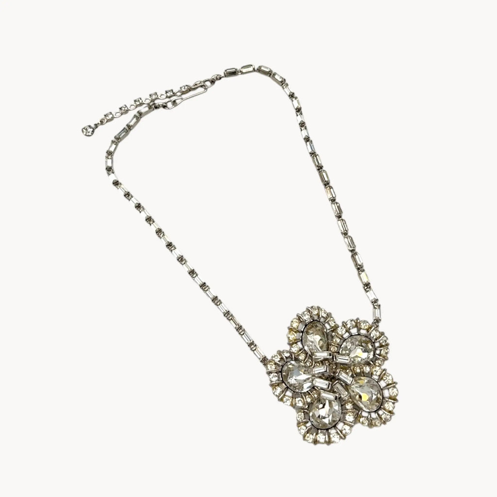 Large Trifari Rhinestone Floral Necklace on white background.