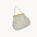 Vintage Winkelman’s beaded evening handbag with white glass beads, gold-tone frame, made in Hong Kong, 1960s bridal accessory.