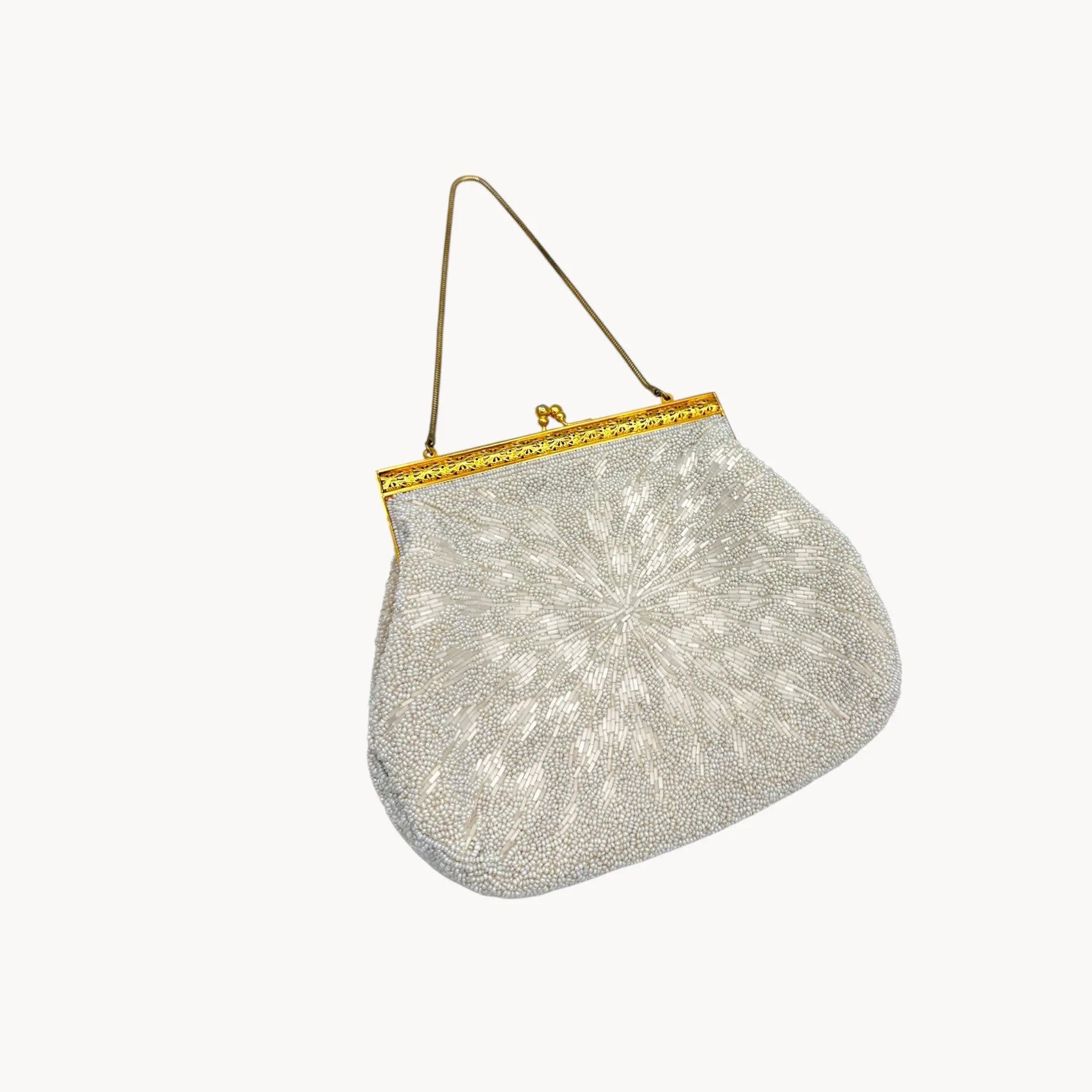 Vintage Winkelman’s beaded evening handbag with white glass beads, gold-tone frame, made in Hong Kong, 1960s bridal accessory.