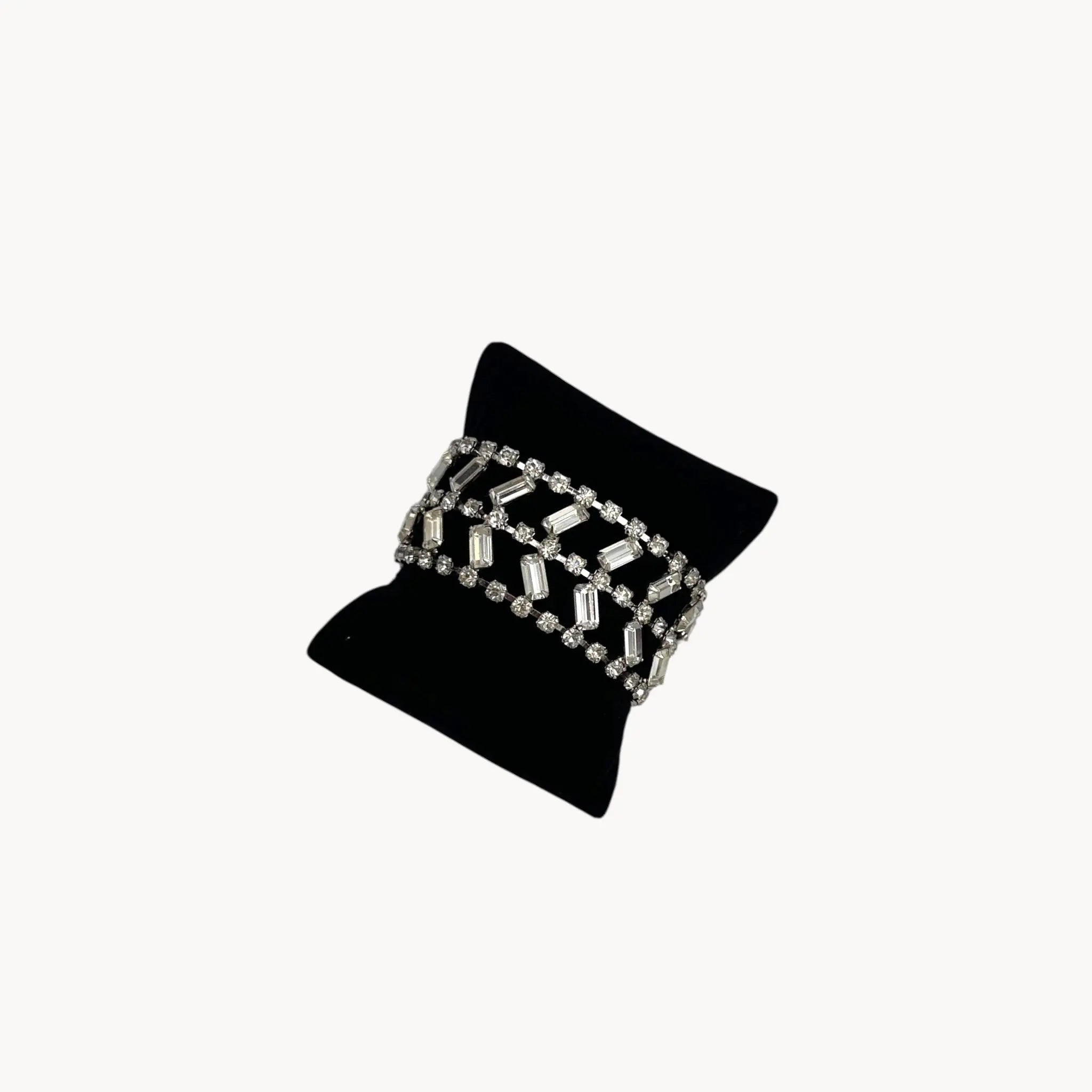 Vintage wide rhinestone bracelet with round and baguette-cut stones