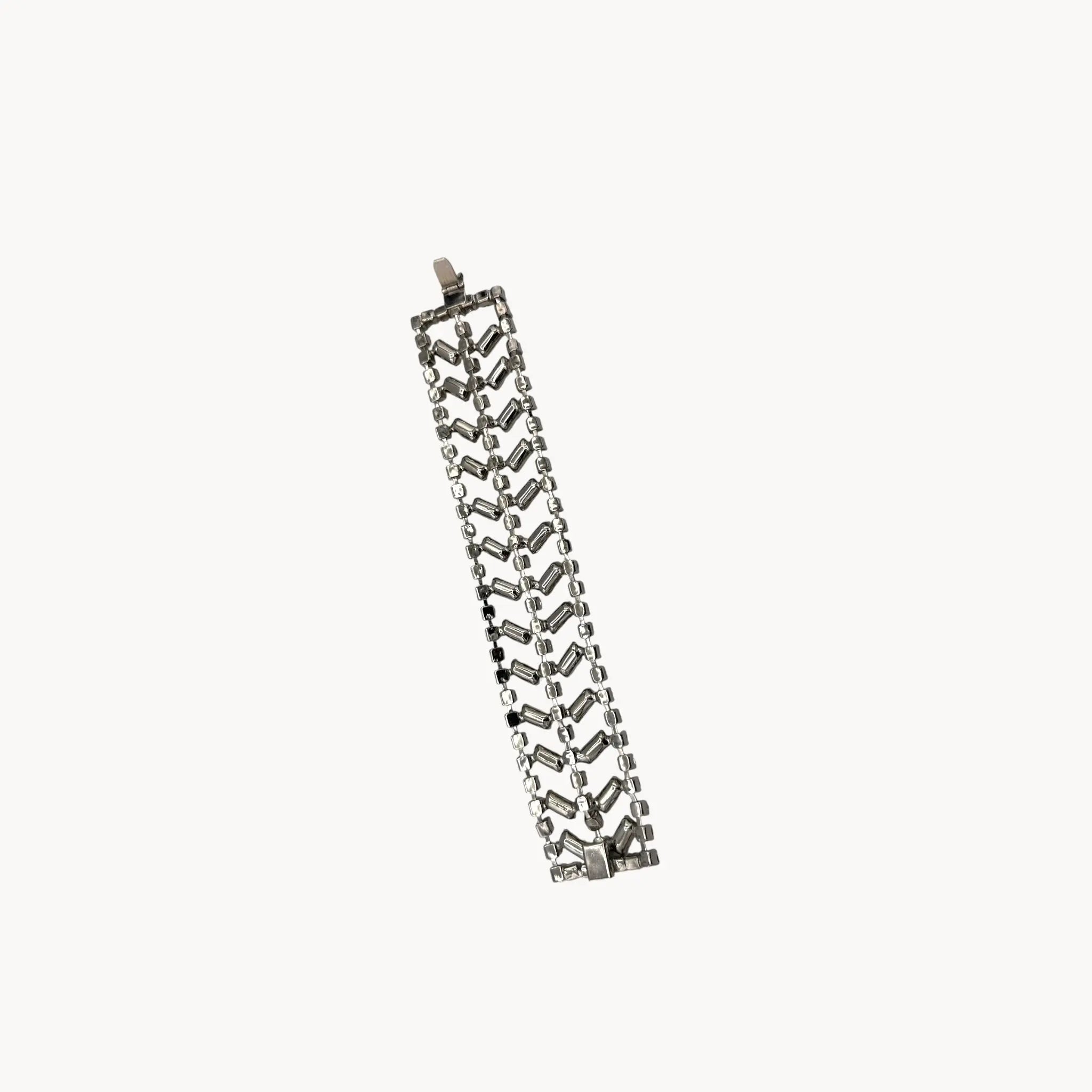Back view of Vintage wide rhinestone bracelet with round and baguette-cut stones
