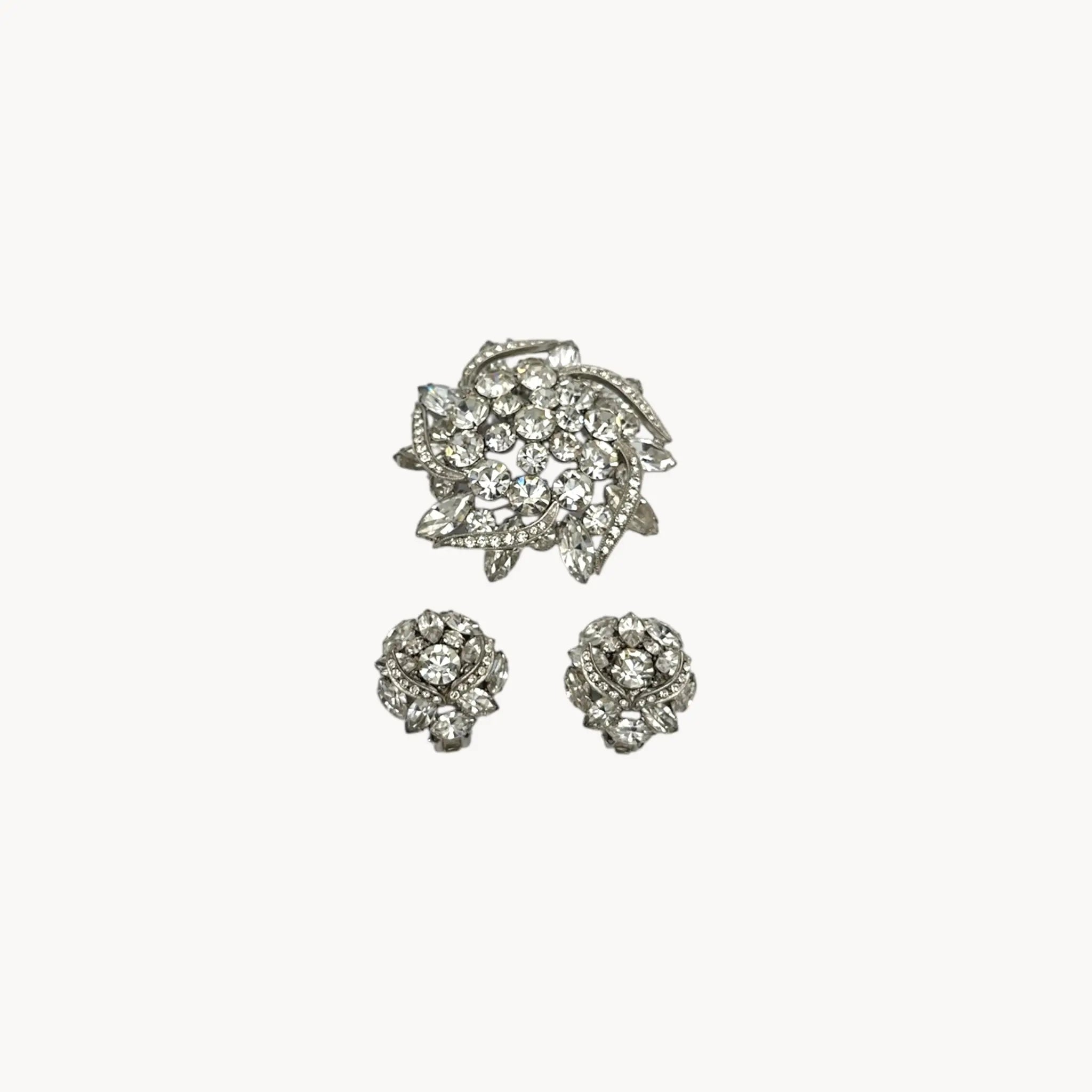 Weiss rhinestone brooch and earring set with vintage floral design