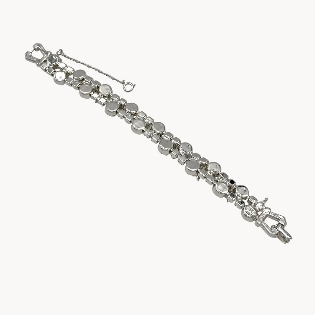 Back view of Vintage Weiss rhinestone statement bracelet with large prong-set stones.